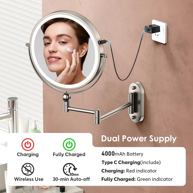 Alt view image 5 of 6 - ZLOKLA 9" Wall Mounted Lighted Makeup Mirror,4000mAh Rechargeable Double Sided 1X/20X Magnifying Mirror with Light,Touch Dimmable,Extended Arm 360 Rotation Wall Mounted Makeup Mirror 3 Color Lights-N