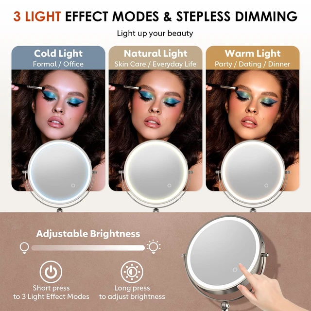 Alt view image 6 of 6 - ZLOKLA 9" Wall Mounted Lighted Makeup Mirror,4000mAh Rechargeable Double Sided 1X/20X Magnifying Mirror with Light,Touch Dimmable,Extended Arm 360 Rotation Wall Mounted Makeup Mirror 3 Color Lights-N