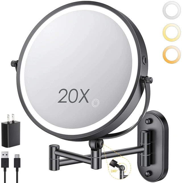 Main image of ZLOKLA 9" Wall Mounted Lighted Makeup Mirror,4000mAh Rechargeable Double Sided 1X/20X Magnifying Mirror with Light,Touch Dimmable,Extended Arm 360 Rotation Wall Mounted Makeup Mirror 3 Color Lights-B