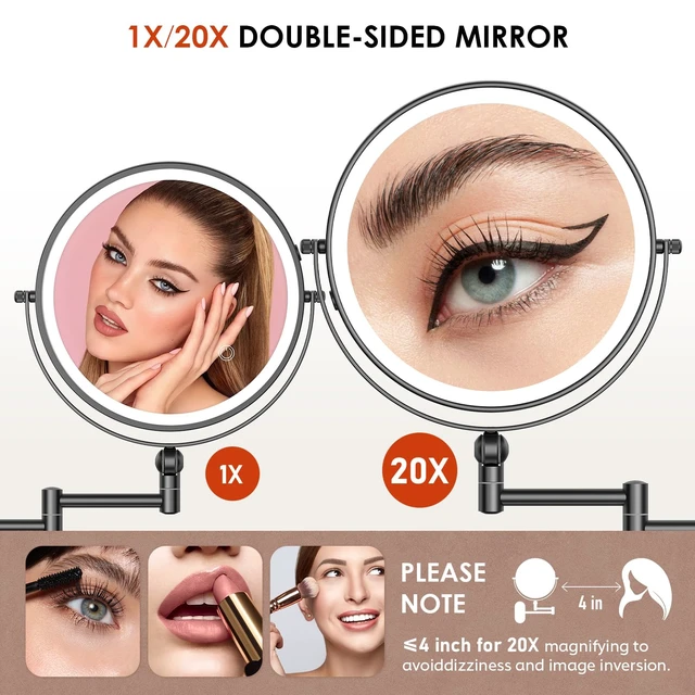 Alt view image 4 of 6 - ZLOKLA 9" Wall Mounted Lighted Makeup Mirror,4000mAh Rechargeable Double Sided 1X/20X Magnifying Mirror with Light,Touch Dimmable,Extended Arm 360 Rotation Wall Mounted Makeup Mirror 3 Color Lights-B