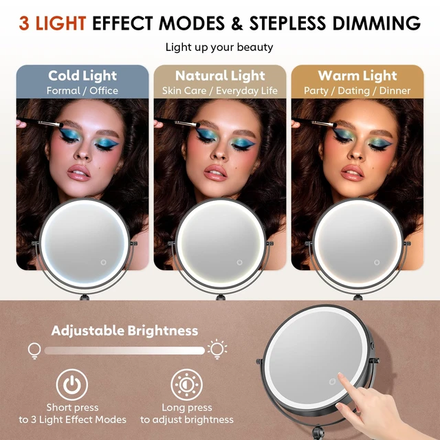Alt view image 6 of 6 - ZLOKLA 9" Wall Mounted Lighted Makeup Mirror,4000mAh Rechargeable Double Sided 1X/20X Magnifying Mirror with Light,Touch Dimmable,Extended Arm 360 Rotation Wall Mounted Makeup Mirror 3 Color Lights-B