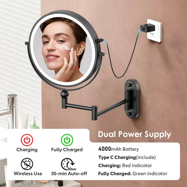 Alt view image 5 of 6 - ZLOKLA 9" Wall Mounted Lighted Makeup Mirror,4000mAh Rechargeable Double Sided 1X/20X Magnifying Mirror with Light,Touch Dimmable,Extended Arm 360 Rotation Wall Mounted Makeup Mirror 3 Color Lights-B