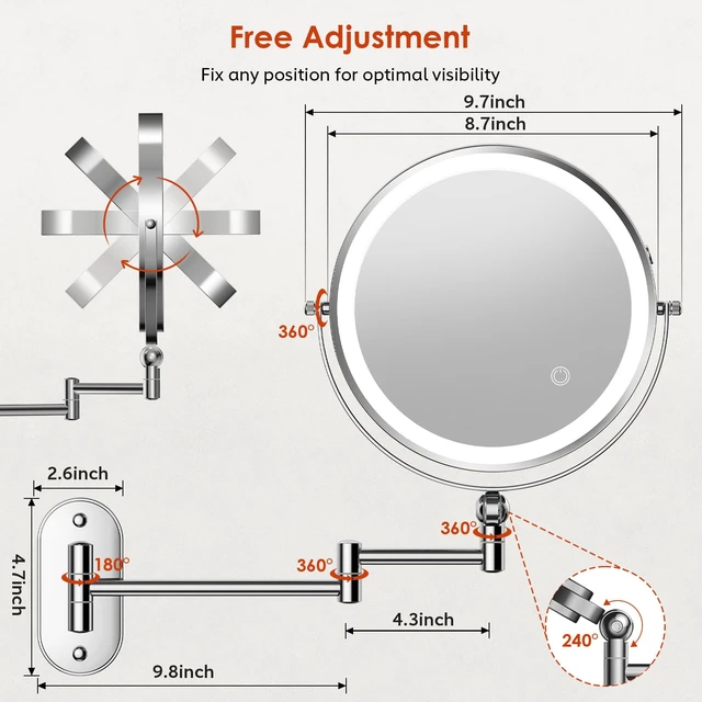 Alt view image 2 of 6 - ZLOKLA 9" Wall Mounted Lighted Makeup Mirror,4000mAh Rechargeable Double Sided 1X/20X Magnifying Mirror with Light,Touch Dimmable,Extended Arm 360 Rotation Wall Mounted Makeup Mirror 3 Color Lights