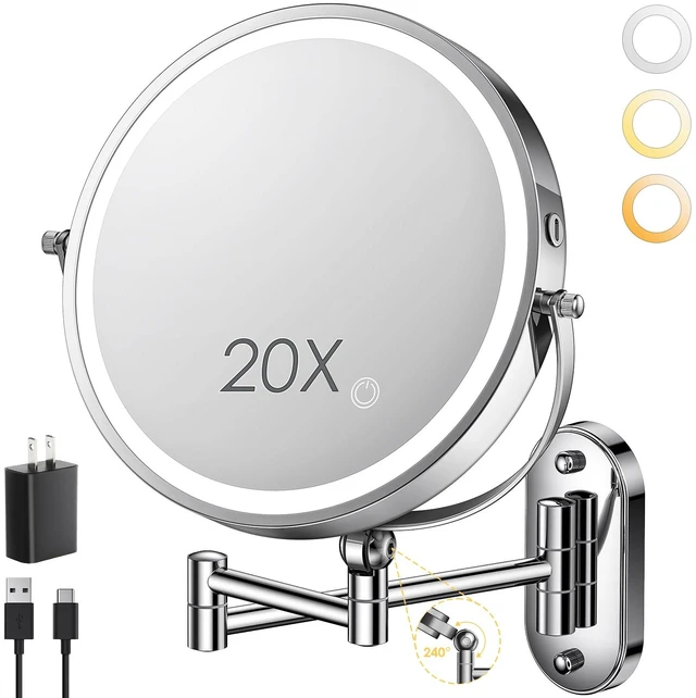 Main image of ZLOKLA 9" Wall Mounted Lighted Makeup Mirror,4000mAh Rechargeable Double Sided 1X/20X Magnifying Mirror with Light,Touch Dimmable,Extended Arm 360 Rotation Wall Mounted Makeup Mirror 3 Color Lights