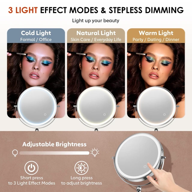 Alt view image 6 of 6 - ZLOKLA 9" Wall Mounted Lighted Makeup Mirror,4000mAh Rechargeable Double Sided 1X/20X Magnifying Mirror with Light,Touch Dimmable,Extended Arm 360 Rotation Wall Mounted Makeup Mirror 3 Color Lights