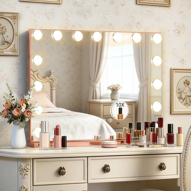 Main image of Ratsamee Rose Gold Hollywood Vanity Mirror with Lights, 15 Dimmable Bulbs, 3 Color Lights,Make Up Lighted Mirror, Aluminum Metal Frame, USB Charging Port23" x 18"