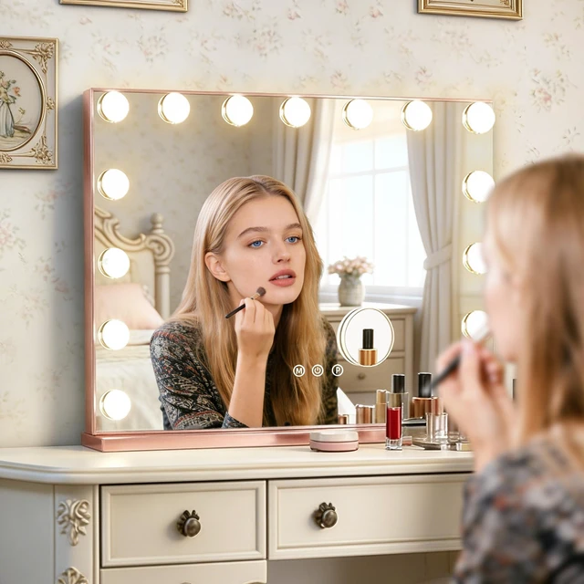 Alt view image 2 of 7 - Ratsamee Rose Gold Hollywood Vanity Mirror with Lights, 15 Dimmable Bulbs, 3 Color Lights,Make Up Lighted Mirror, Aluminum Metal Frame, USB Charging Port23" x 18"