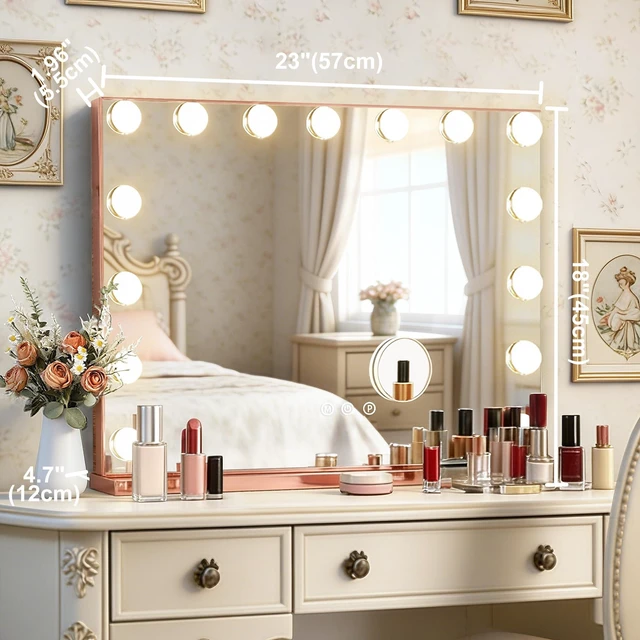 Alt view image 3 of 7 - Ratsamee Rose Gold Hollywood Vanity Mirror with Lights, 15 Dimmable Bulbs, 3 Color Lights,Make Up Lighted Mirror, Aluminum Metal Frame, USB Charging Port23" x 18"