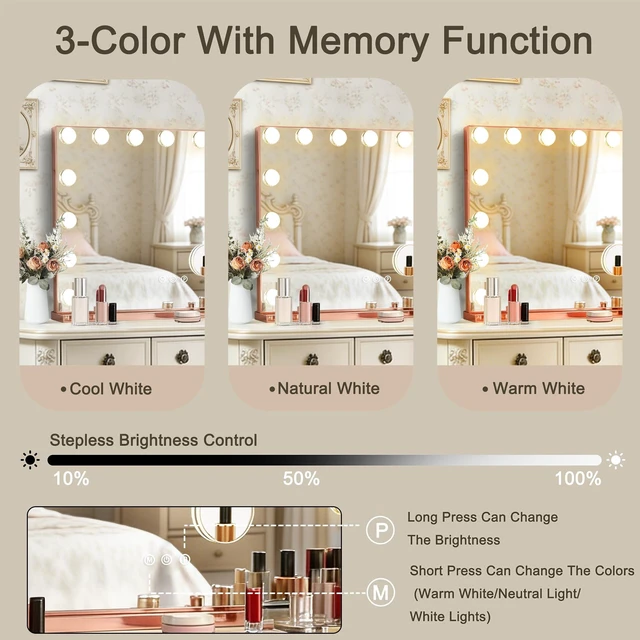 Alt view image 5 of 7 - Ratsamee Rose Gold Hollywood Vanity Mirror with Lights, 15 Dimmable Bulbs, 3 Color Lights,Make Up Lighted Mirror, Aluminum Metal Frame, USB Charging Port23" x 18"