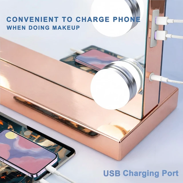 Alt view image 6 of 7 - Ratsamee Rose Gold Hollywood Vanity Mirror with Lights, 15 Dimmable Bulbs, 3 Color Lights,Make Up Lighted Mirror, Aluminum Metal Frame, USB Charging Port23" x 18"