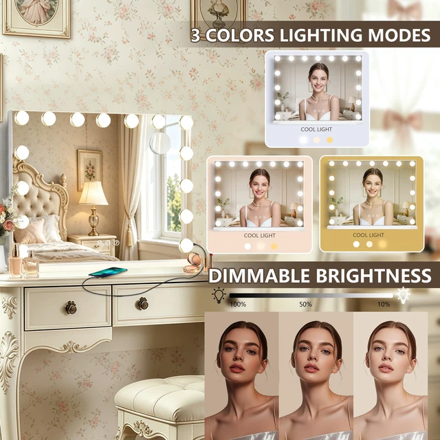 Alt view image 3 of 7 - Ratsamee Hollywood Vanity Mirror with Lights, 23" x 18", 15 Dimmable Bulbs, 3 Color Lights, Make Up Lighted Mirror, USB Charging Port, Gifts for Women Wife Teengirls White