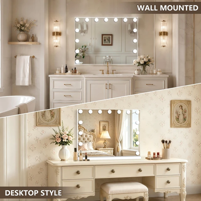 Alt view image 4 of 7 - Ratsamee Hollywood Vanity Mirror with Lights, 23" x 18", 15 Dimmable Bulbs, 3 Color Lights, Make Up Lighted Mirror, USB Charging Port, Gifts for Women Wife Teengirls White