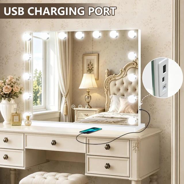 Alt view image 5 of 7 - Ratsamee Hollywood Vanity Mirror with Lights, 23" x 18", 15 Dimmable Bulbs, 3 Color Lights, Make Up Lighted Mirror, USB Charging Port, Gifts for Women Wife Teengirls White