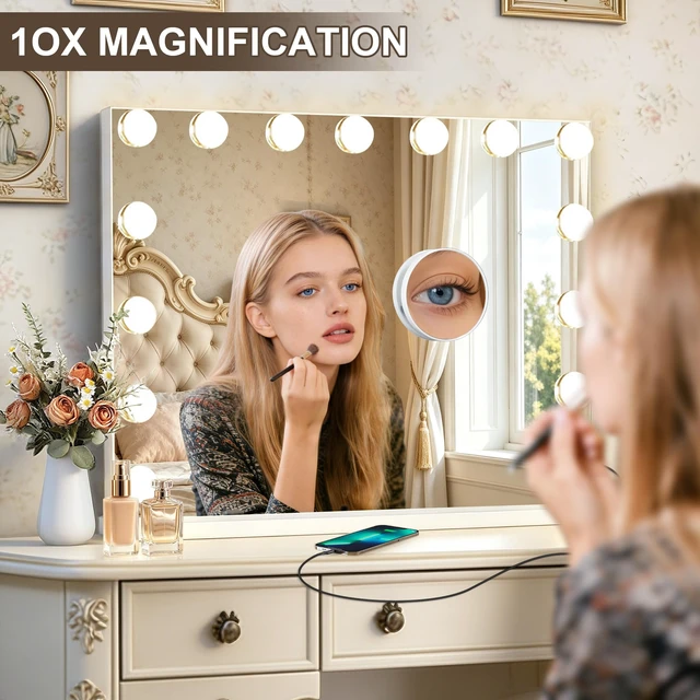 Alt view image 6 of 7 - Ratsamee Hollywood Vanity Mirror with Lights, 23" x 18", 15 Dimmable Bulbs, 3 Color Lights, Make Up Lighted Mirror, USB Charging Port, Gifts for Women Wife Teengirls White