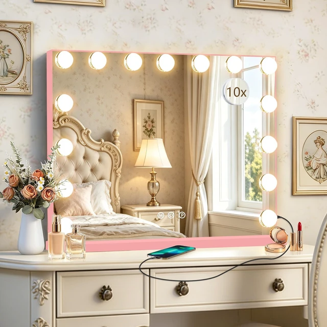 Main image of Ratsamee Pink Hollywood Vanity Mirror with Lights, 15 Dimmable Bulbs, 3 Color Lights,Make Up Lighted Mirror, Aluminum Metal Frame, USB Charging Port23" x 18"