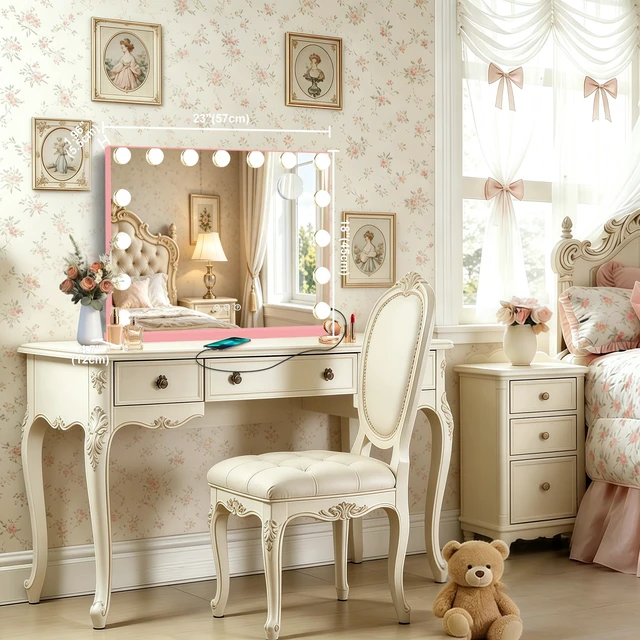 Alt view image 2 of 7 - Ratsamee Pink Hollywood Vanity Mirror with Lights, 15 Dimmable Bulbs, 3 Color Lights,Make Up Lighted Mirror, Aluminum Metal Frame, USB Charging Port23" x 18"