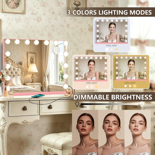 Alt view image 3 of 7 - Ratsamee Pink Hollywood Vanity Mirror with Lights, 15 Dimmable Bulbs, 3 Color Lights,Make Up Lighted Mirror, Aluminum Metal Frame, USB Charging Port23" x 18"