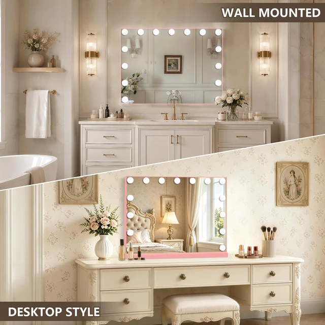 Alt view image 4 of 7 - Ratsamee Pink Hollywood Vanity Mirror with Lights, 15 Dimmable Bulbs, 3 Color Lights,Make Up Lighted Mirror, Aluminum Metal Frame, USB Charging Port23" x 18"