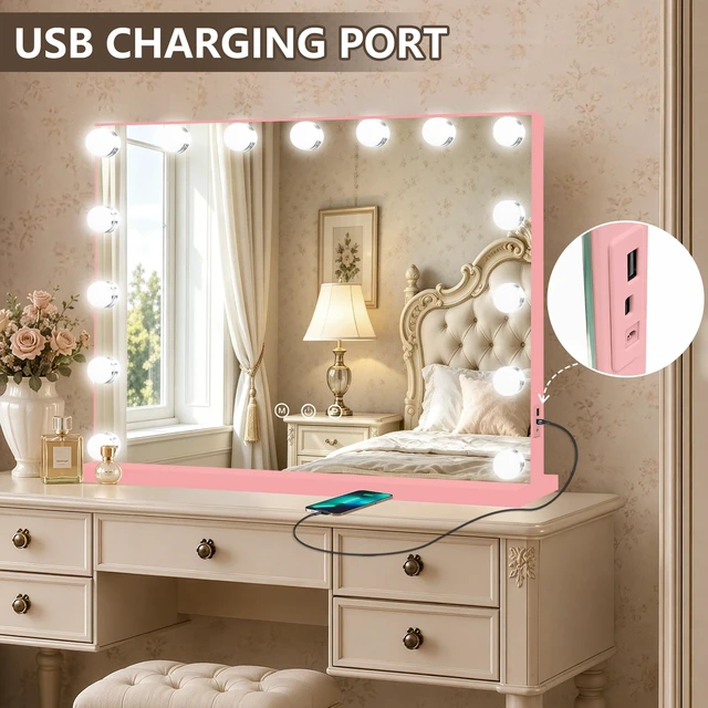 Alt view image 5 of 7 - Ratsamee Pink Hollywood Vanity Mirror with Lights, 15 Dimmable Bulbs, 3 Color Lights,Make Up Lighted Mirror, Aluminum Metal Frame, USB Charging Port23" x 18"
