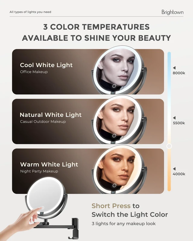 Alt view image 3 of 7 - Brightown 8" Wall Mounted Makeup Mirror with Lights & Magnification 1X/10X | 4000mAh Rechargeable Dimmable Vanity Mirror, Extended Arm 360° Rotation, 3 Color Lights & Smart LED Digital Display, Black