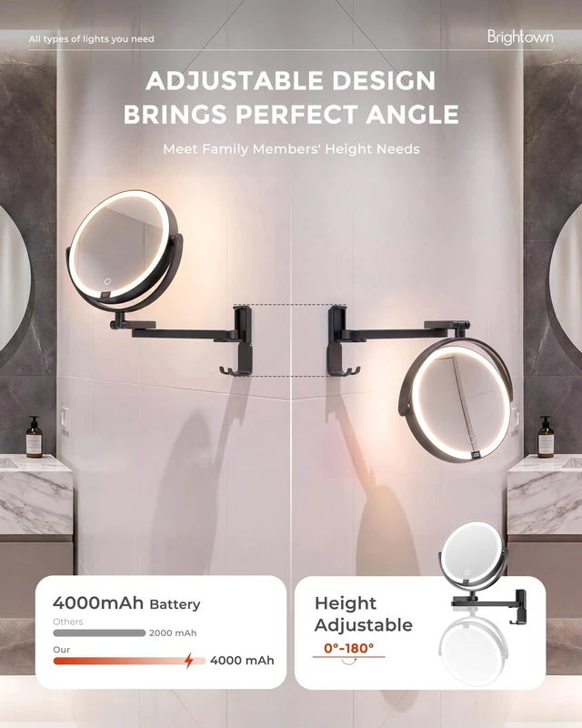 Alt view image 2 of 7 - Brightown 8" Wall Mounted Makeup Mirror with Lights & Magnification 1X/10X | 4000mAh Rechargeable Dimmable Vanity Mirror, Extended Arm 360° Rotation, 3 Color Lights & Smart LED Digital Display, Black