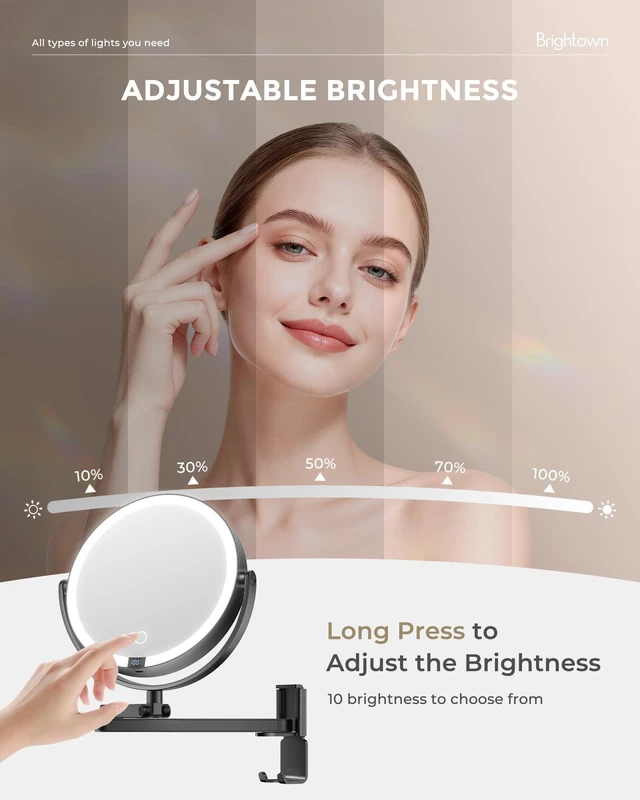 Alt view image 4 of 7 - Brightown 8" Wall Mounted Makeup Mirror with Lights & Magnification 1X/10X | 4000mAh Rechargeable Dimmable Vanity Mirror, Extended Arm 360° Rotation, 3 Color Lights & Smart LED Digital Display, Black