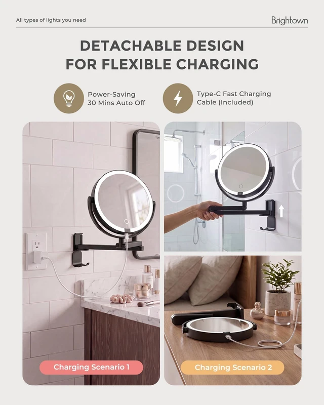 Alt view image 6 of 7 - Brightown 8" Wall Mounted Makeup Mirror with Lights & Magnification 1X/10X | 4000mAh Rechargeable Dimmable Vanity Mirror, Extended Arm 360° Rotation, 3 Color Lights & Smart LED Digital Display, Black