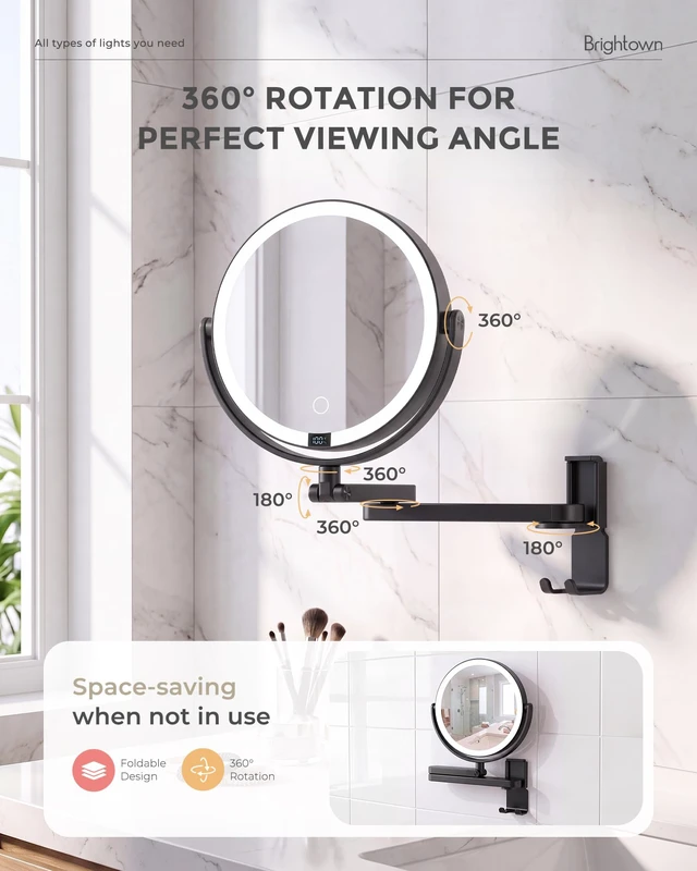 Alt view image 7 of 7 - Brightown 8" Wall Mounted Makeup Mirror with Lights & Magnification 1X/10X | 4000mAh Rechargeable Dimmable Vanity Mirror, Extended Arm 360° Rotation, 3 Color Lights & Smart LED Digital Display, Black