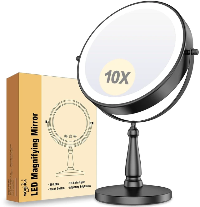 Main image of WOOCICA Vanity Mirror with Lights, 10X Magnifying Mirror with Light for Women, 2000 mAh Makeup Mirror with Lights and 3 Colors, 360 Degree, 2-Sided, 9 Inch, Black