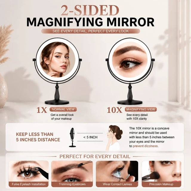 Alt view image 3 of 7 - WOOCICA Vanity Mirror with Lights, 10X Magnifying Mirror with Light for Women, 2000 mAh Makeup Mirror with Lights and 3 Colors, 360 Degree, 2-Sided, 9 Inch, Black