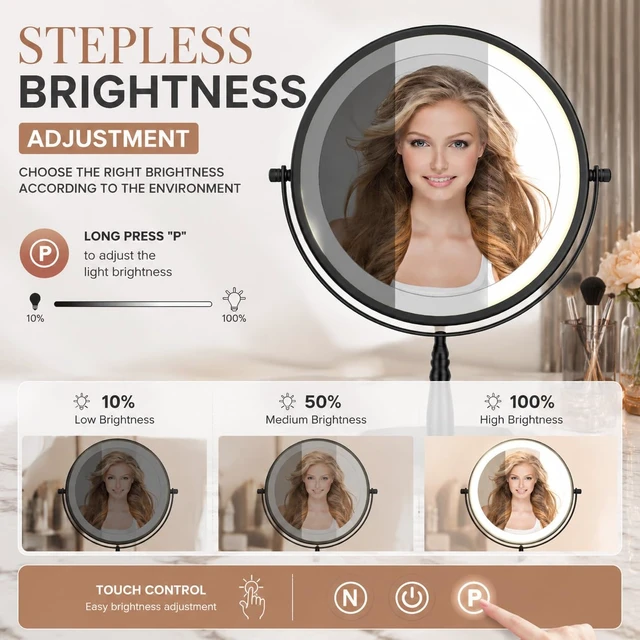 Alt view image 4 of 7 - WOOCICA Vanity Mirror with Lights, 10X Magnifying Mirror with Light for Women, 2000 mAh Makeup Mirror with Lights and 3 Colors, 360 Degree, 2-Sided, 9 Inch, Black