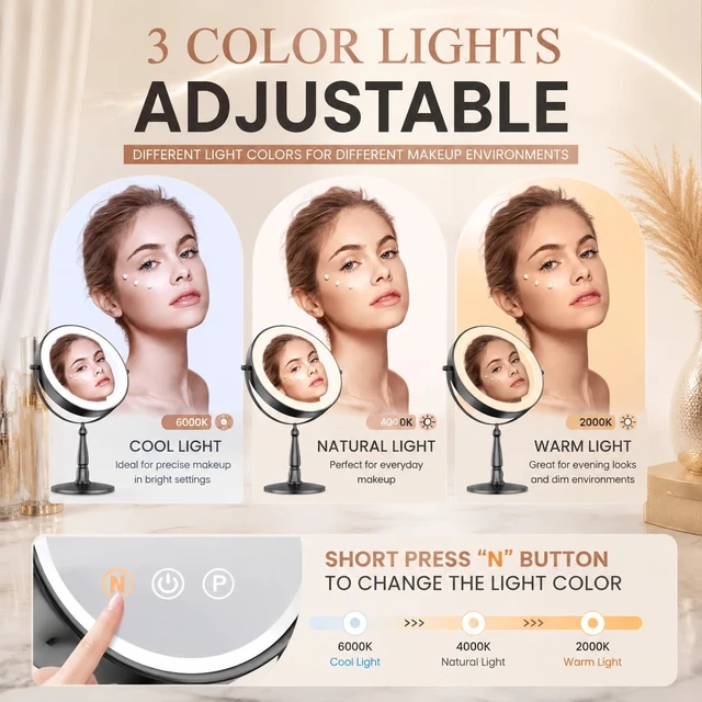 Alt view image 5 of 7 - WOOCICA Vanity Mirror with Lights, 10X Magnifying Mirror with Light for Women, 2000 mAh Makeup Mirror with Lights and 3 Colors, 360 Degree, 2-Sided, 9 Inch, Black