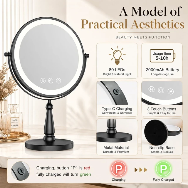 Alt view image 6 of 7 - WOOCICA Vanity Mirror with Lights, 10X Magnifying Mirror with Light for Women, 2000 mAh Makeup Mirror with Lights and 3 Colors, 360 Degree, 2-Sided, 9 Inch, Black