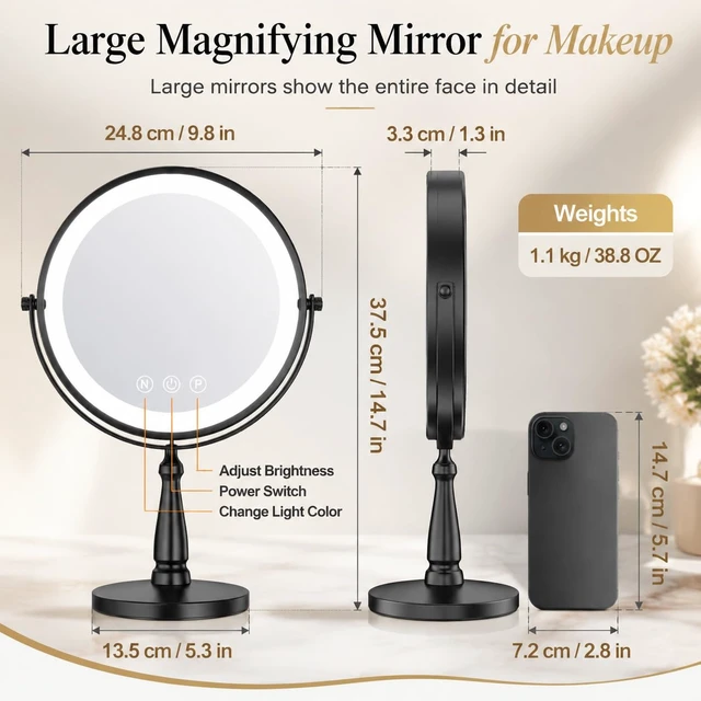 Alt view image 7 of 7 - WOOCICA Vanity Mirror with Lights, 10X Magnifying Mirror with Light for Women, 2000 mAh Makeup Mirror with Lights and 3 Colors, 360 Degree, 2-Sided, 9 Inch, Black