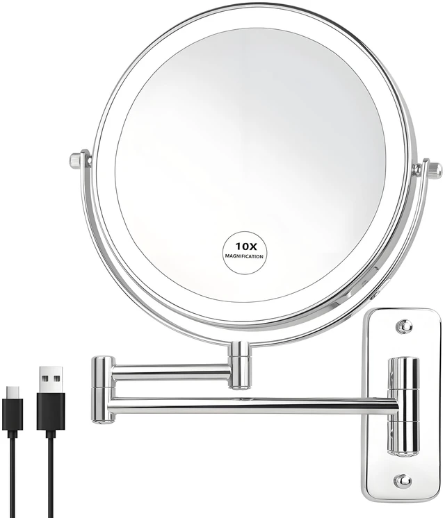 Main image of JANEEVA 8" Wall Mounted Lighted Makeup Mirror,Rechargeable Double Sided 1X/10X Magnifying Mirror with 3 Color Lights,Touch Dimmable Bathroom Vanity Mirror with 360°Swivel Extendable Arm Chrome