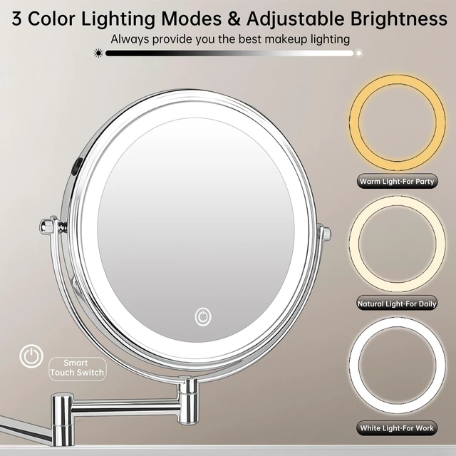 Alt view image 5 of 7 - JANEEVA 8" Wall Mounted Lighted Makeup Mirror,Rechargeable Double Sided 1X/10X Magnifying Mirror with 3 Color Lights,Touch Dimmable Bathroom Vanity Mirror with 360°Swivel Extendable Arm Chrome
