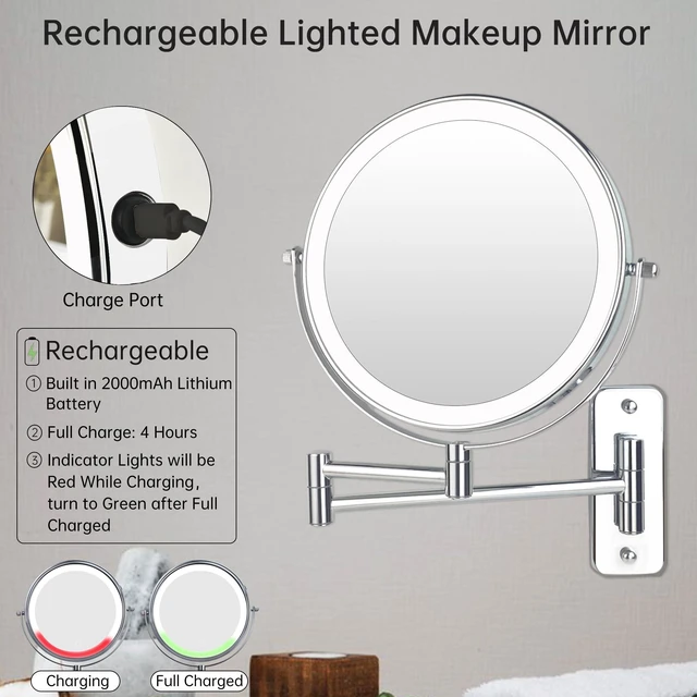 Alt view image 6 of 7 - JANEEVA 8" Wall Mounted Lighted Makeup Mirror,Rechargeable Double Sided 1X/10X Magnifying Mirror with 3 Color Lights,Touch Dimmable Bathroom Vanity Mirror with 360°Swivel Extendable Arm Chrome