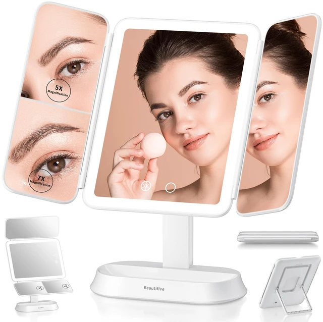 Main image of Makeup Mirror with Lights and 7X/5X/1X Magnification Vanity Mirror | 3 Colors Dimmable LED Light, 360° Rotation, Smart Touch, Rechargeable, Detachable, Portable Trifold Mirror, Gift for Women