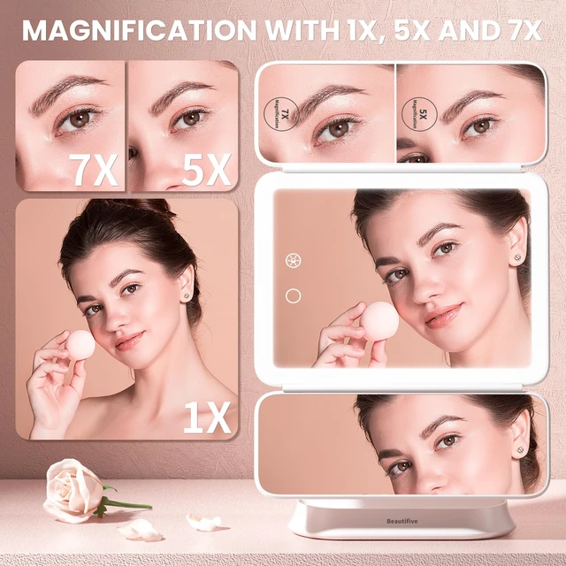 Alt view image 6 of 7 - Makeup Mirror with Lights and 7X/5X/1X Magnification Vanity Mirror | 3 Colors Dimmable LED Light, 360° Rotation, Smart Touch, Rechargeable, Detachable, Portable Trifold Mirror, Gift for Women