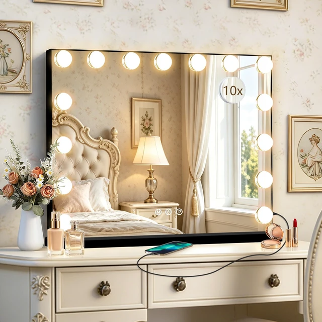 Main image of Ratsamee Black Hollywood Vanity Mirror with Lights, 15 Dimmable Bulbs, 3 Color Lights,Make Up Lighted Mirror, Aluminum Metal Frame, USB Charging Port23" x 18"