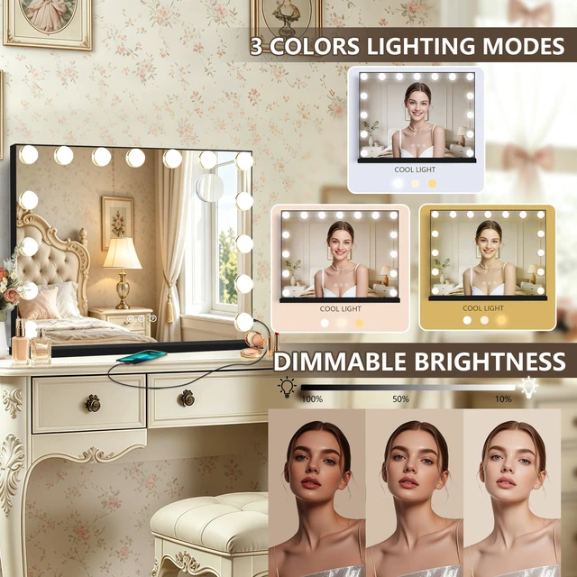 Alt view image 3 of 7 - Ratsamee Black Hollywood Vanity Mirror with Lights, 15 Dimmable Bulbs, 3 Color Lights,Make Up Lighted Mirror, Aluminum Metal Frame, USB Charging Port23" x 18"