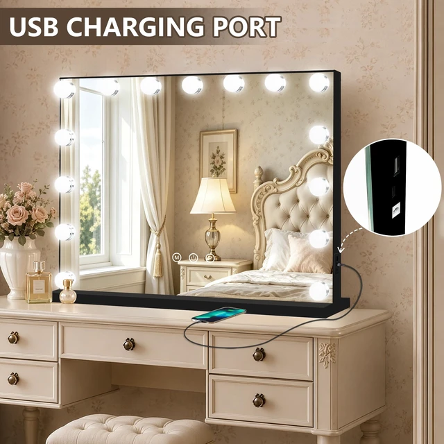Alt view image 5 of 7 - Ratsamee Black Hollywood Vanity Mirror with Lights, 15 Dimmable Bulbs, 3 Color Lights,Make Up Lighted Mirror, Aluminum Metal Frame, USB Charging Port23" x 18"