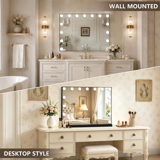 Alt view image 4 of 7 - Ratsamee Black Hollywood Vanity Mirror with Lights, 15 Dimmable Bulbs, 3 Color Lights,Make Up Lighted Mirror, Aluminum Metal Frame, USB Charging Port23" x 18"