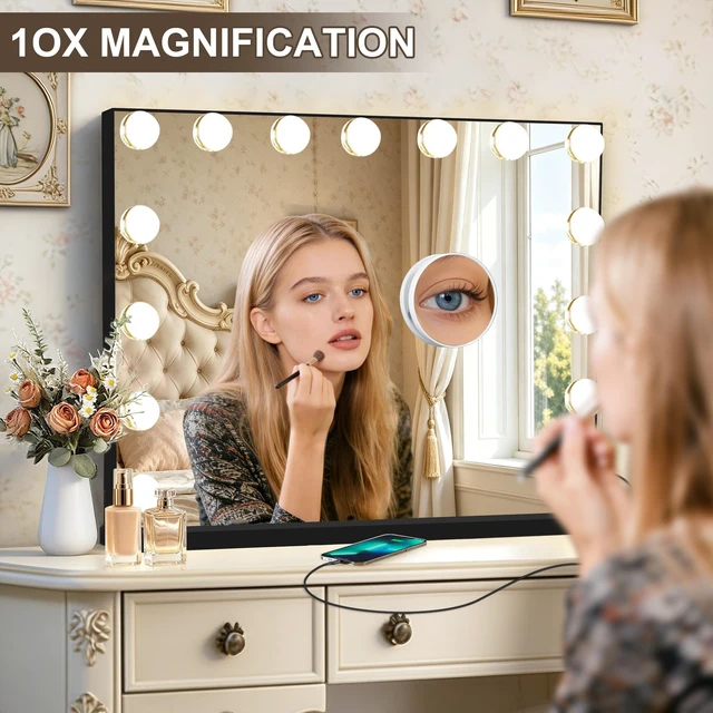 Alt view image 6 of 7 - Ratsamee Black Hollywood Vanity Mirror with Lights, 15 Dimmable Bulbs, 3 Color Lights,Make Up Lighted Mirror, Aluminum Metal Frame, USB Charging Port23" x 18"