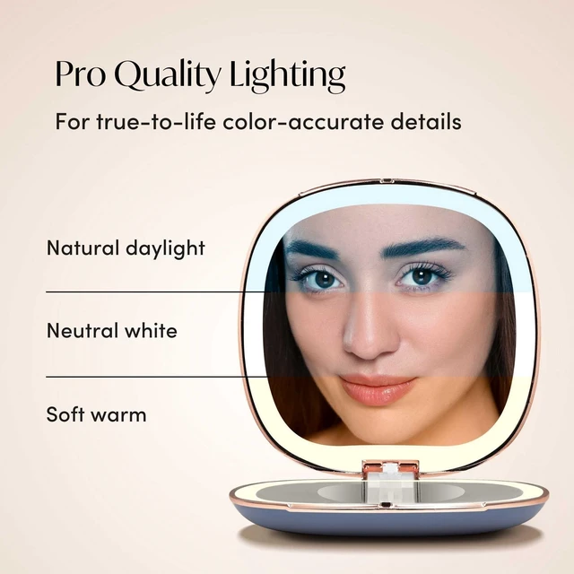 Alt view image 3 of 7 - Fancii Mila 2 LED Lighted Compact Makeup Mirror, Rechargeable, 10x /1x Magnifying, Tru-Glow Light System, Vegan Leather, Small Travel Mirror for Purses (Harbor Blue)