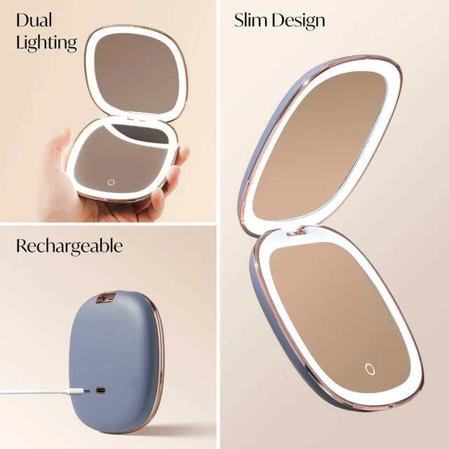 Alt view image 6 of 7 - Fancii Mila 2 LED Lighted Compact Makeup Mirror, Rechargeable, 10x /1x Magnifying, Tru-Glow Light System, Vegan Leather, Small Travel Mirror for Purses (Harbor Blue)