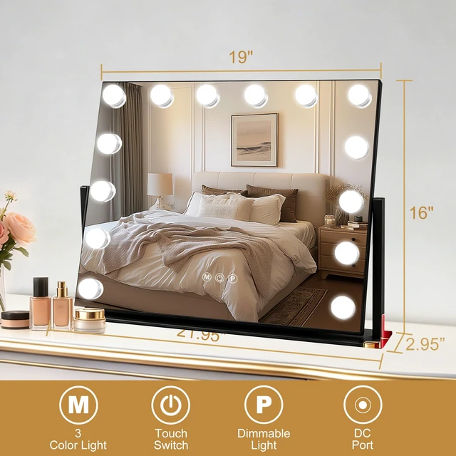 Alt view image 2 of 7 - Moonee Vanity Mirror with Lights, Black Hollywood Lighted Makeup Mirror with 14 Dimmable Bulbs and 10X Magnification 360°Rotation, Light Up Mirror for 3 Color Mode, Aluminum Metal Frame (19" x 16"