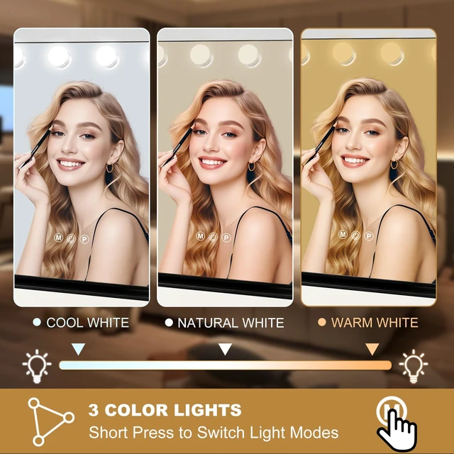 Alt view image 3 of 7 - Moonee Vanity Mirror with Lights, Black Hollywood Lighted Makeup Mirror with 14 Dimmable Bulbs and 10X Magnification 360°Rotation, Light Up Mirror for 3 Color Mode, Aluminum Metal Frame (19" x 16"