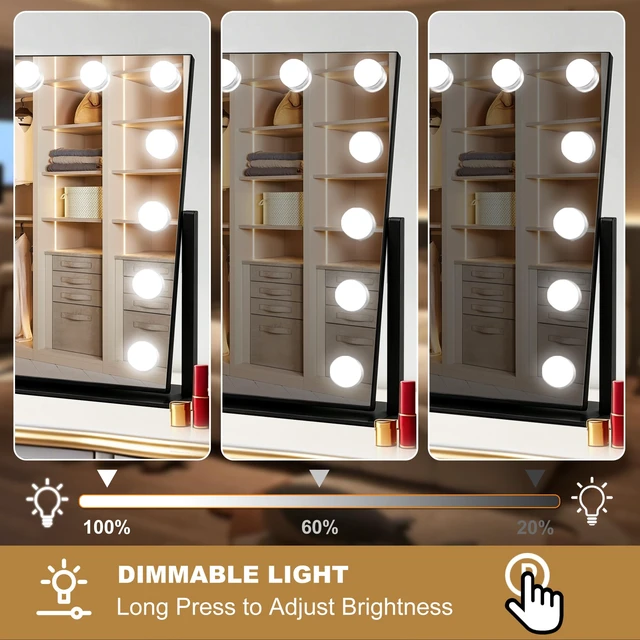 Alt view image 4 of 7 - Moonee Vanity Mirror with Lights, Black Hollywood Lighted Makeup Mirror with 14 Dimmable Bulbs and 10X Magnification 360°Rotation, Light Up Mirror for 3 Color Mode, Aluminum Metal Frame (19" x 16"