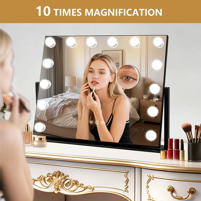 Alt view image 5 of 7 - Moonee Vanity Mirror with Lights, Black Hollywood Lighted Makeup Mirror with 14 Dimmable Bulbs and 10X Magnification 360°Rotation, Light Up Mirror for 3 Color Mode, Aluminum Metal Frame (19" x 16"